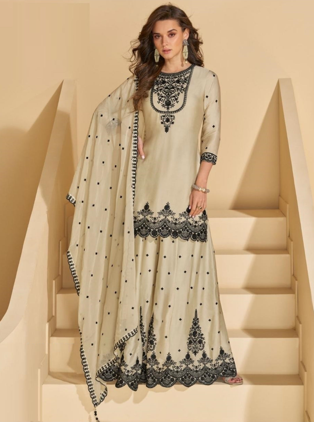 Women Cream Chinon Silk Palazzo Bottom Suit Set