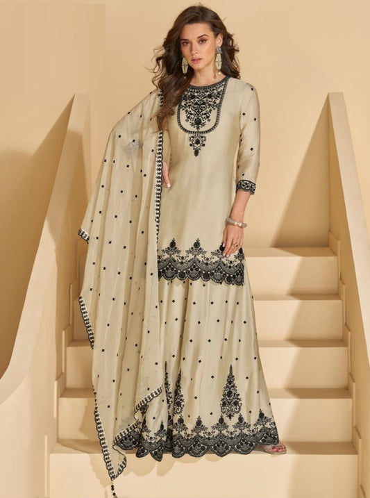 Women Cream Chinon Silk Palazzo Bottom Suit Set