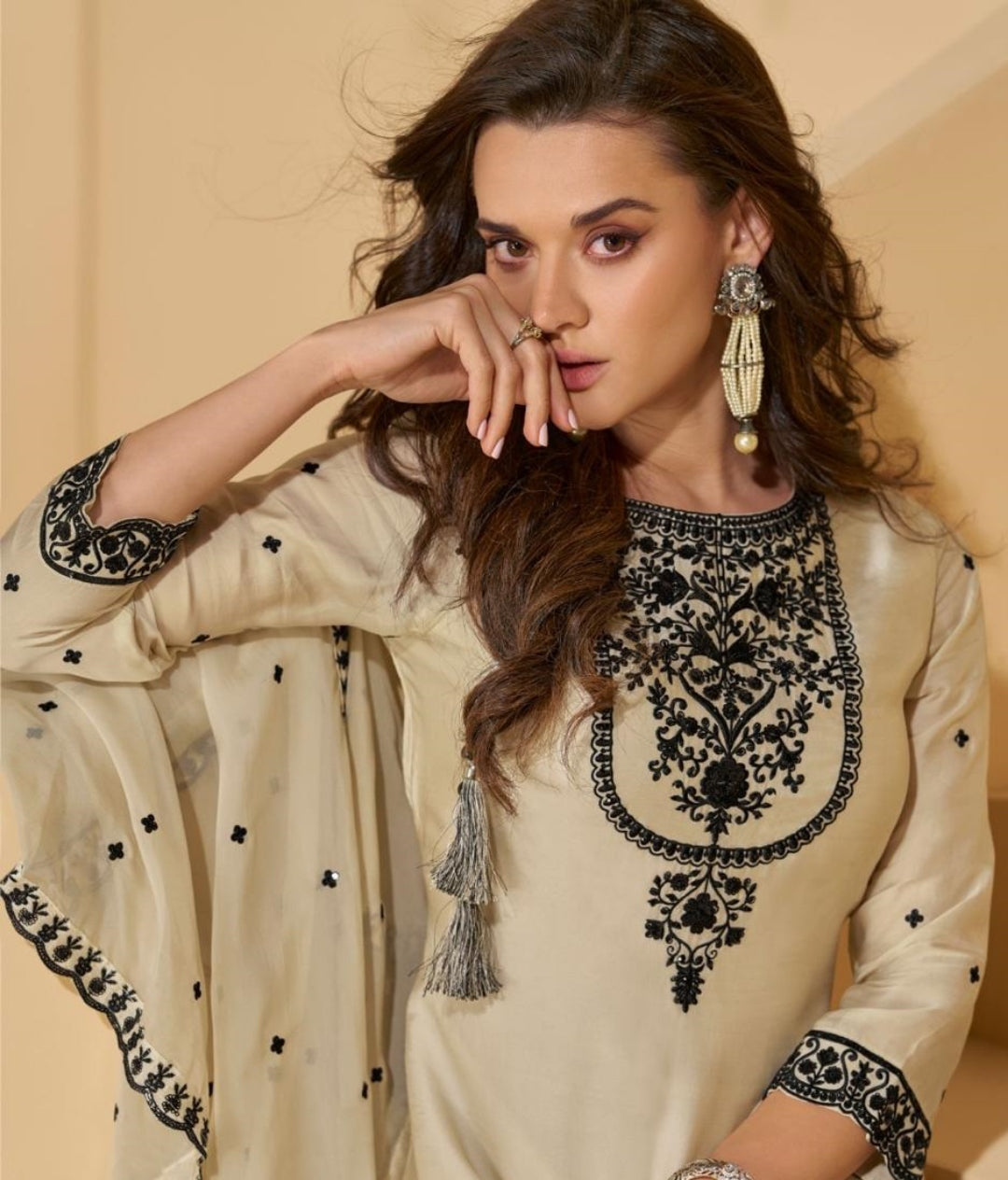 Women Cream Chinon Silk Palazzo Bottom Suit Set