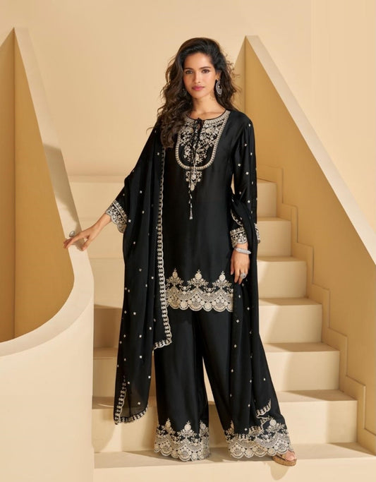Women Black Chinon Silk Palazzo Bottom Suit Set