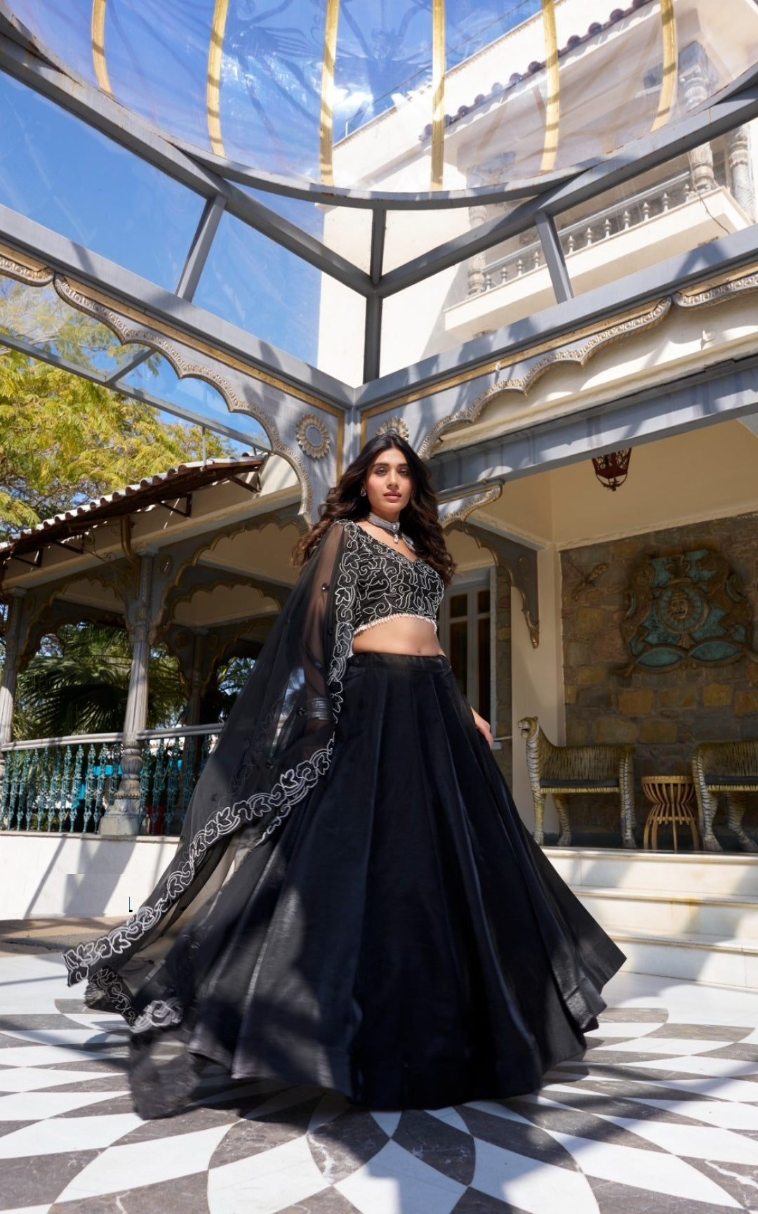 Opalescent Black Satin Stylish Lehenga