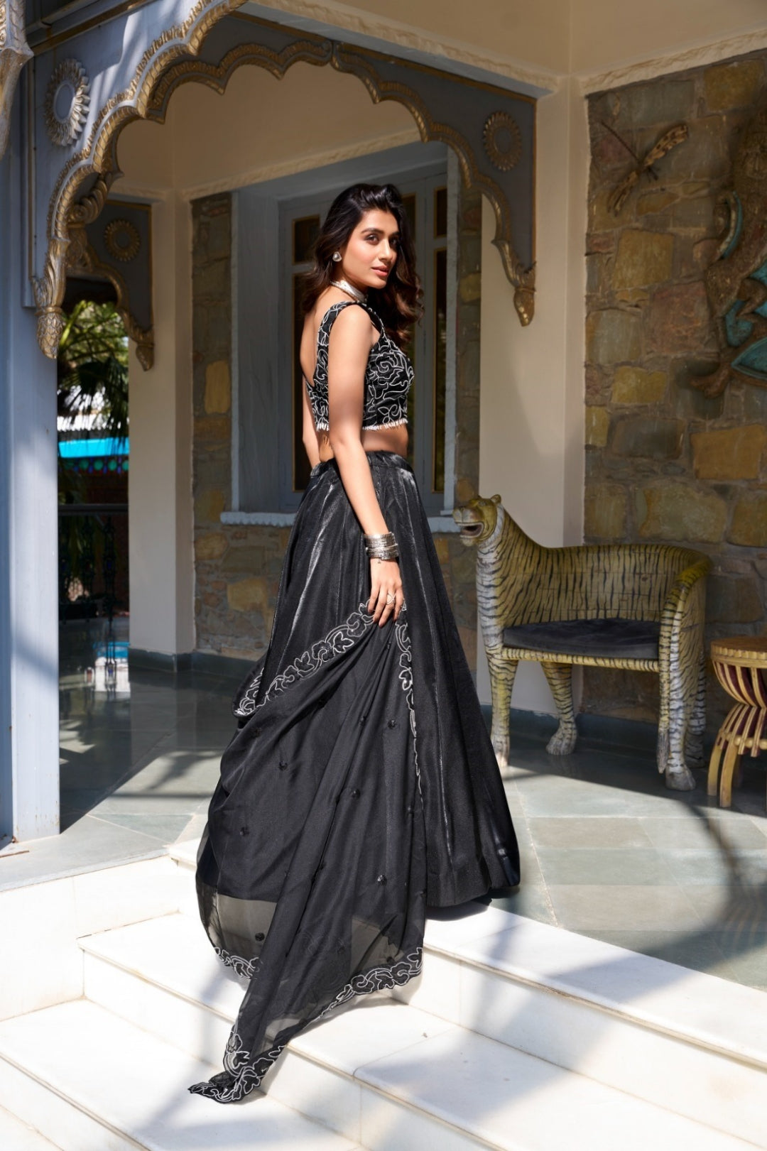 Opalescent Black Satin Stylish Lehenga