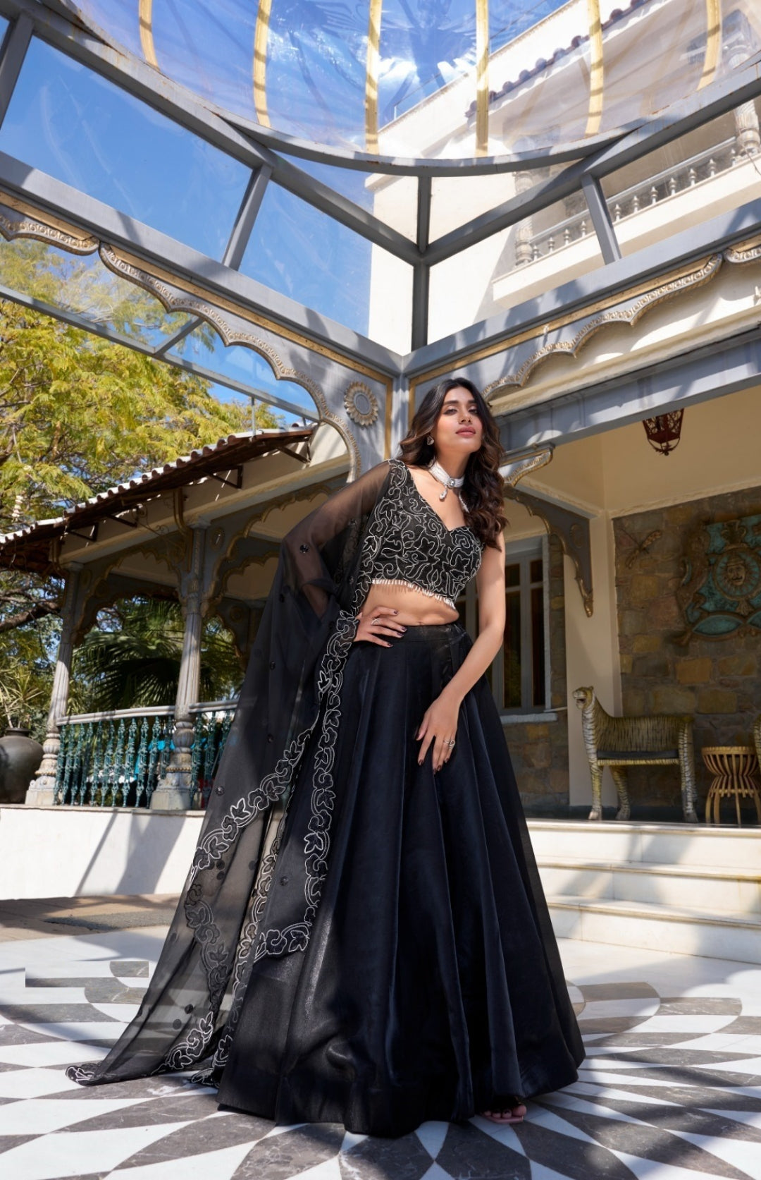 Opalescent Black Satin Stylish Lehenga