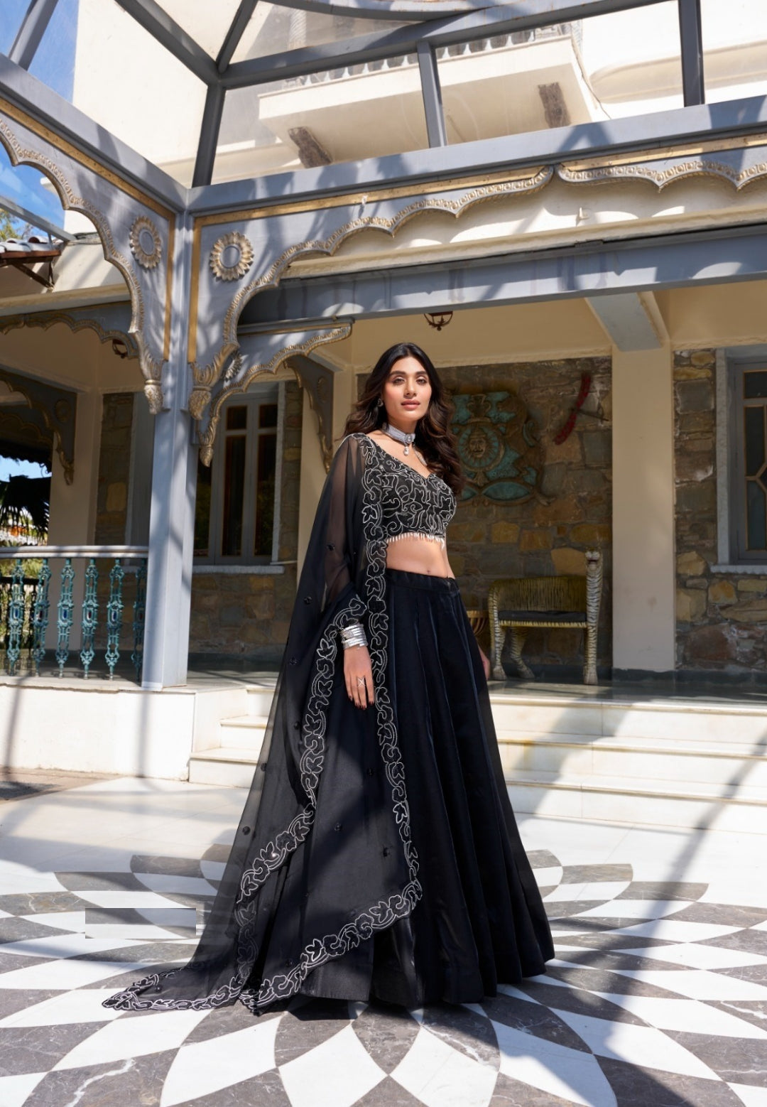 Opalescent Black Satin Stylish Lehenga