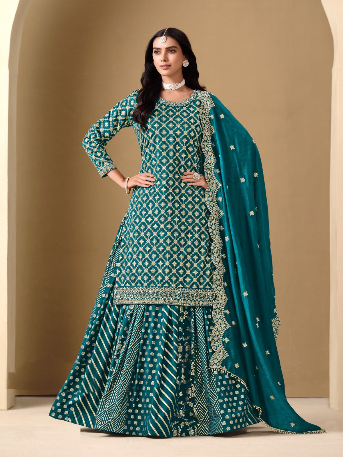 Fantastic Teal Art Silk Lehenga Bottom Suit Set