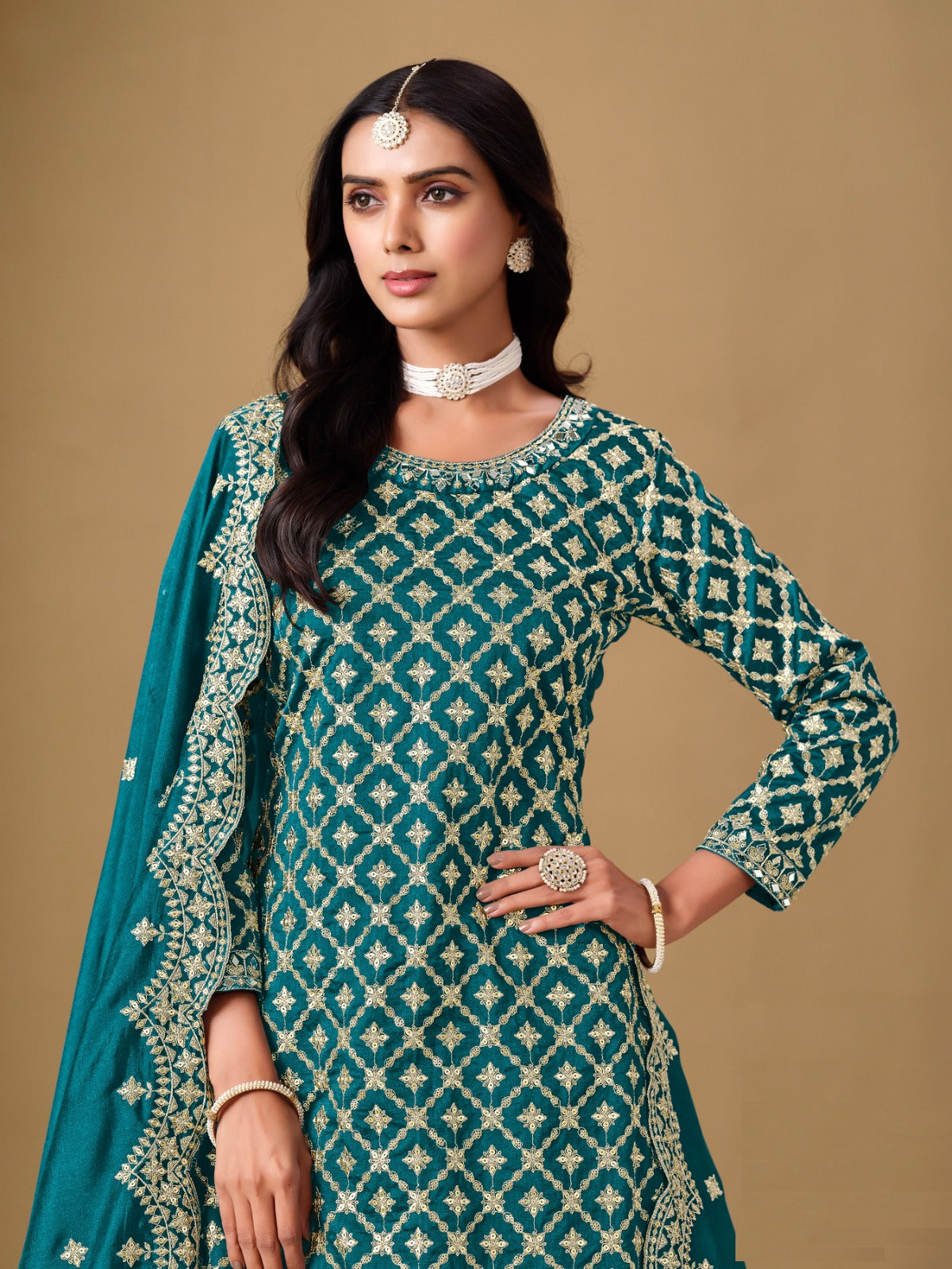Fantastic Teal Art Silk Lehenga Bottom Suit Set