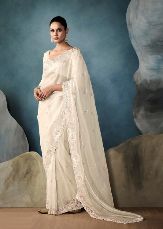 Sophisticated White Tissue With Hand Work Tissue Saree