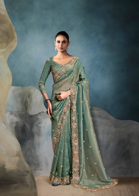 Luxurious Sky Blue Tissue With Hand Work Tissue Saree
