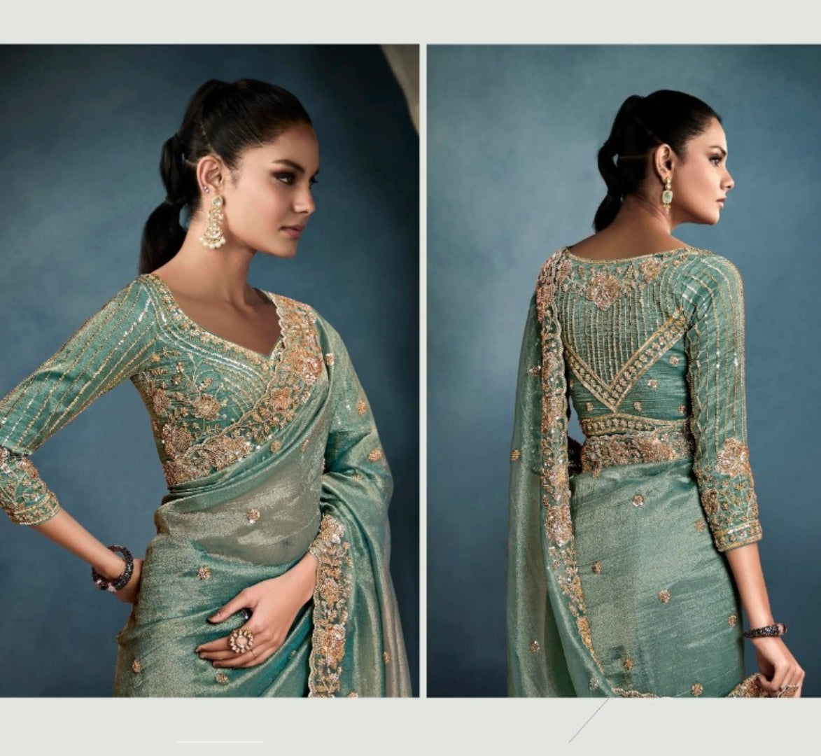 Luxurious Sky Blue Tissue With Hand Work Tissue Saree