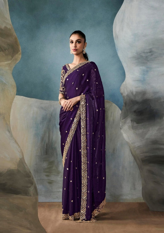 Refined Purple Tissue With Hand Work Tissue Saree