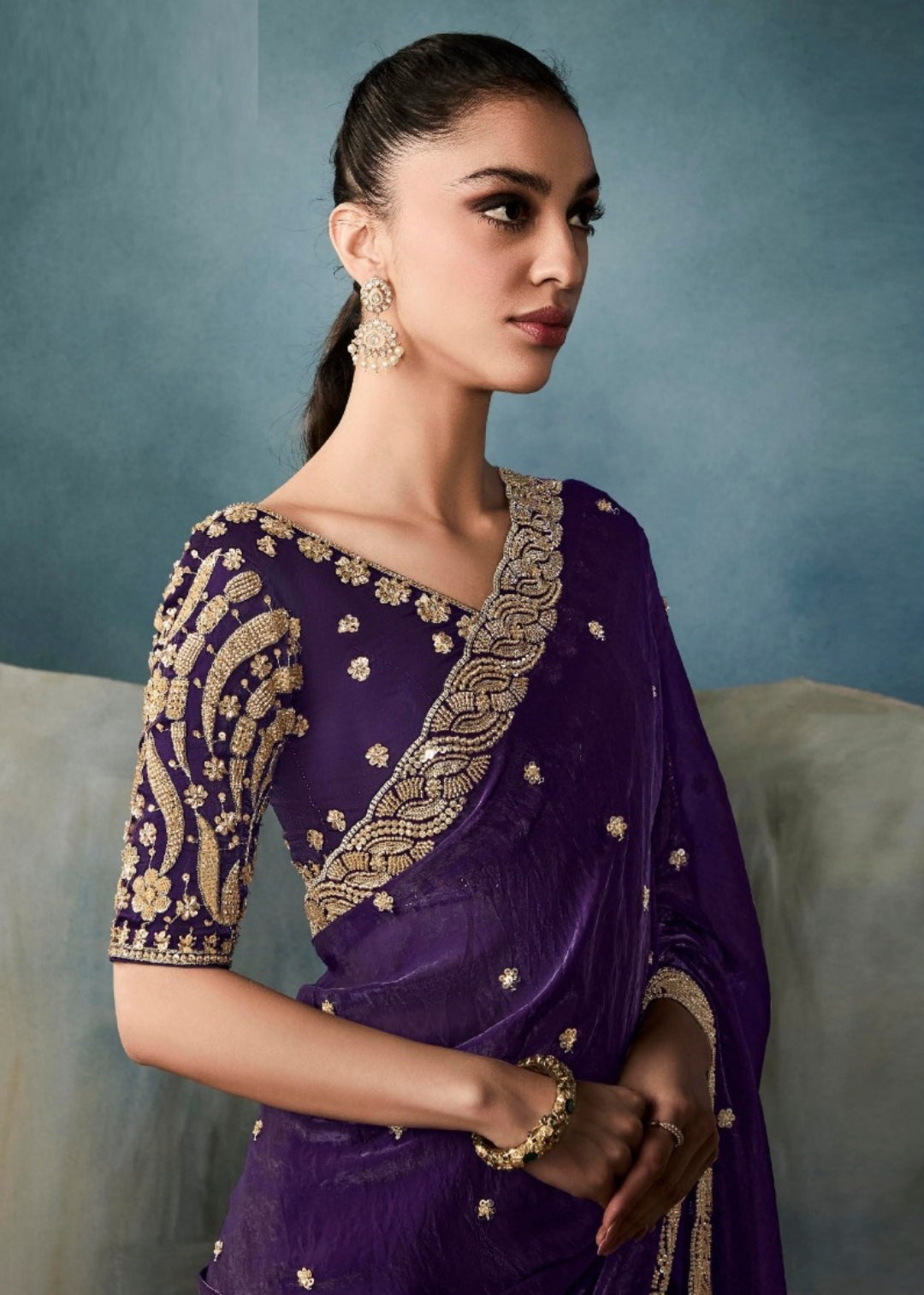 Refined Purple Tissue With Hand Work Tissue Saree