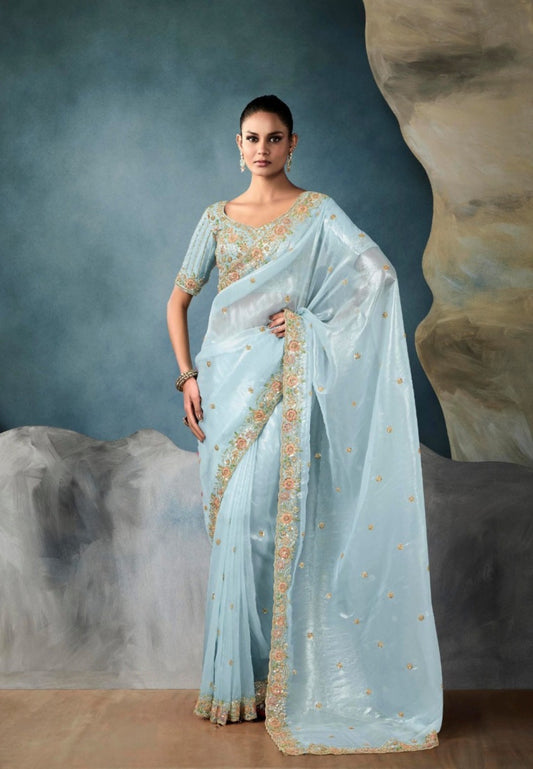 Polished Light Blue Tissue With Hand Work Tissue Saree