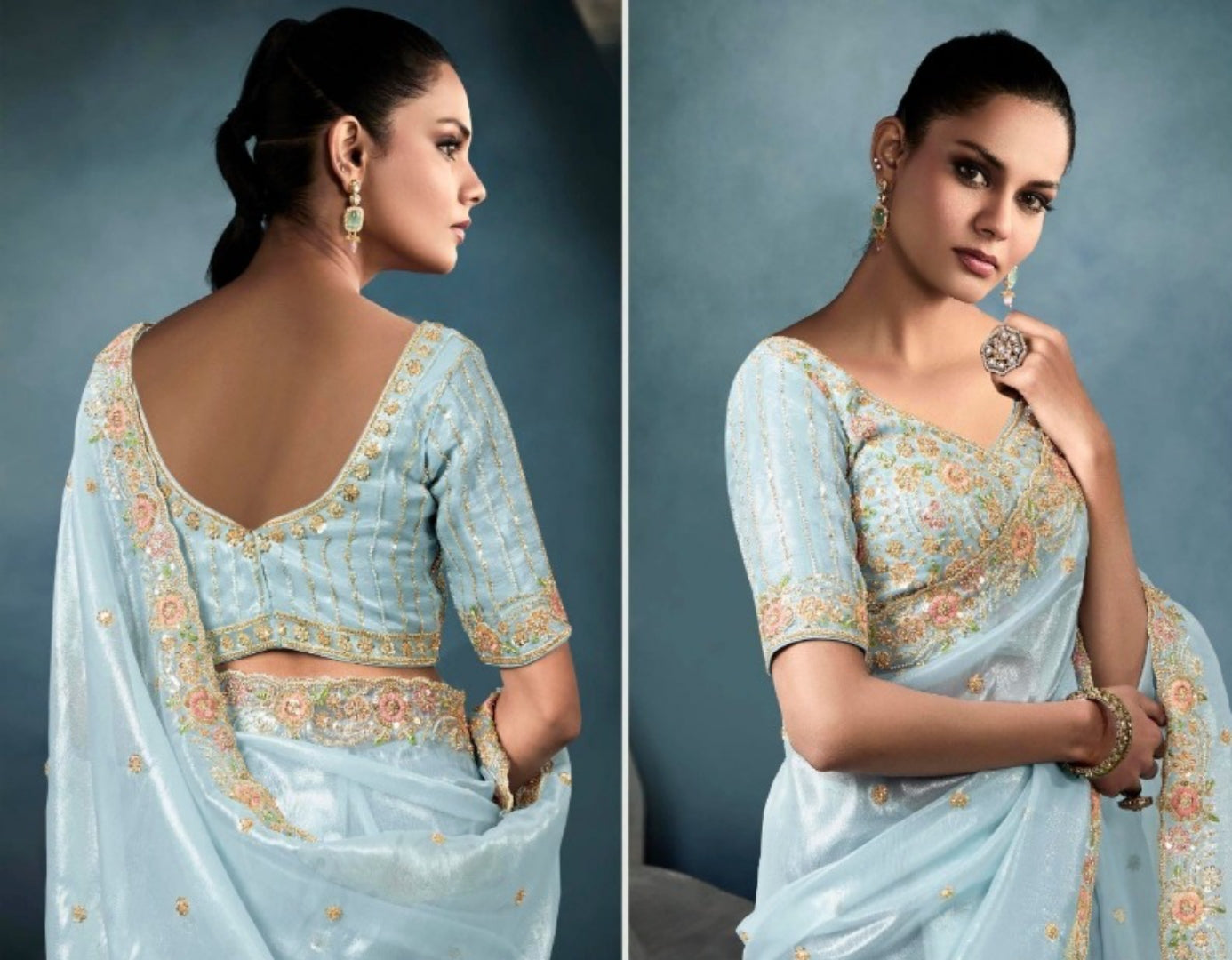 Polished Light Blue Tissue With Hand Work Tissue Saree