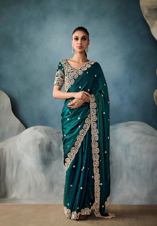 Graceful Dark Teal Tissue With Hand Work Tissue Saree