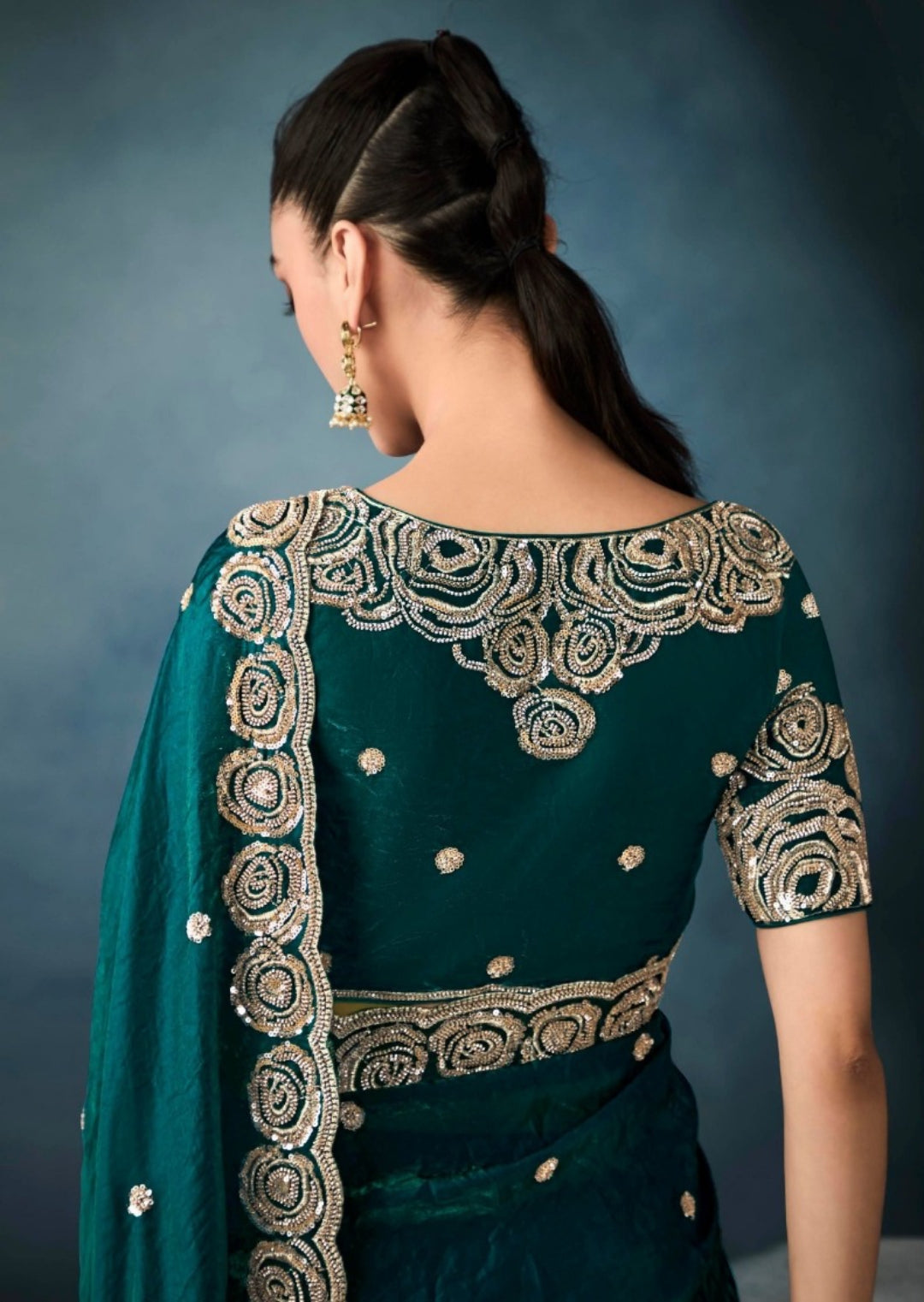 Graceful Dark Teal Tissue With Hand Work Tissue Saree