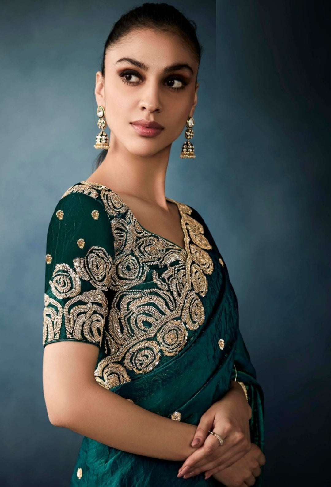 Graceful Dark Teal Tissue With Hand Work Tissue Saree