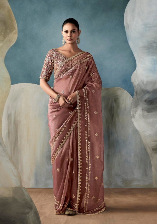 Trendy Rust Tissue With Hand Work Tissue Saree