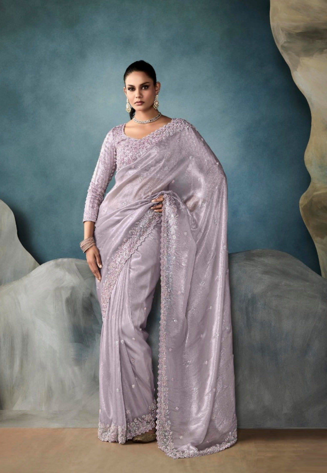 Dazzling Grey Tissue With Hand Work Tissue Saree