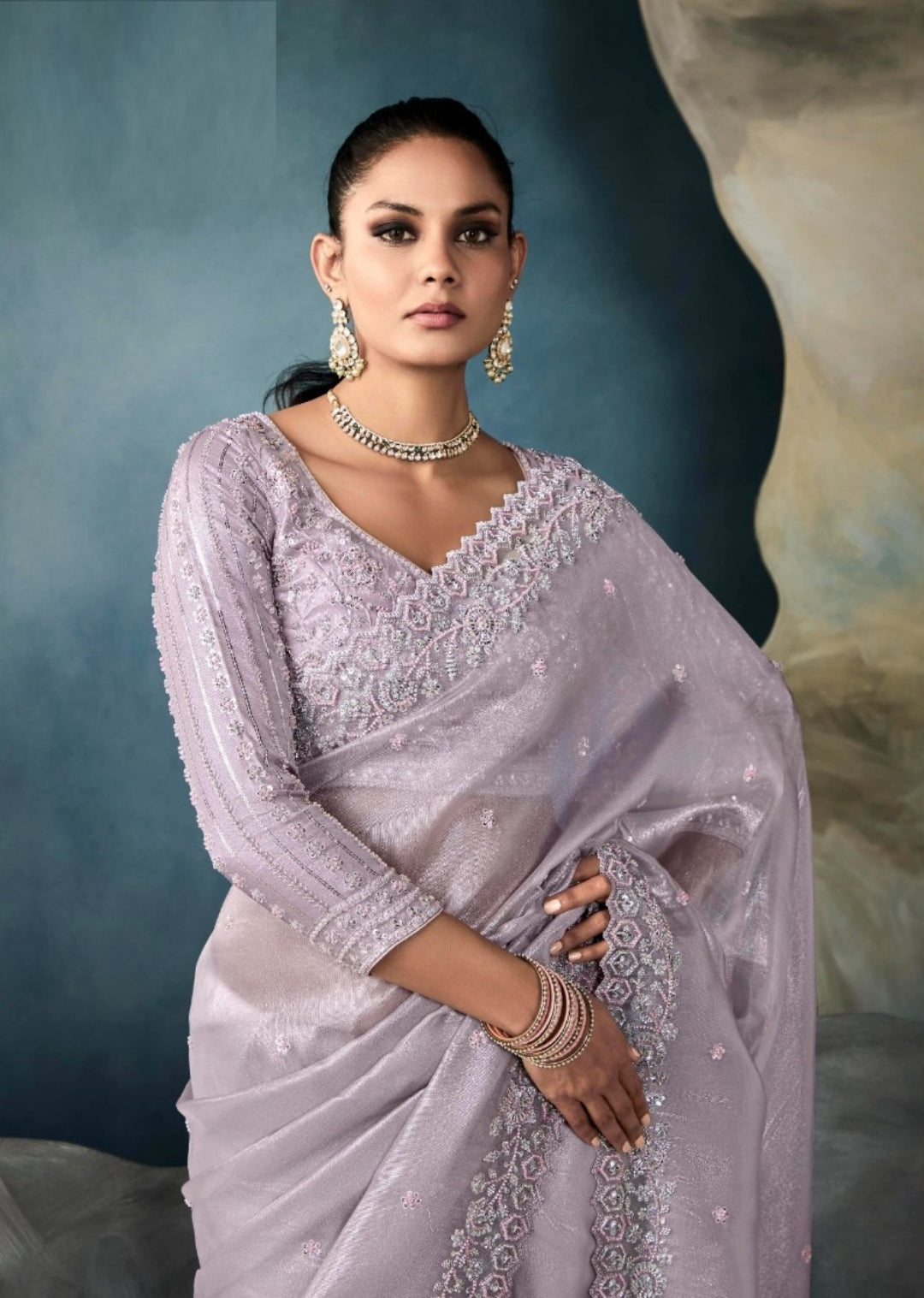 Dazzling Grey Tissue With Hand Work Tissue Saree