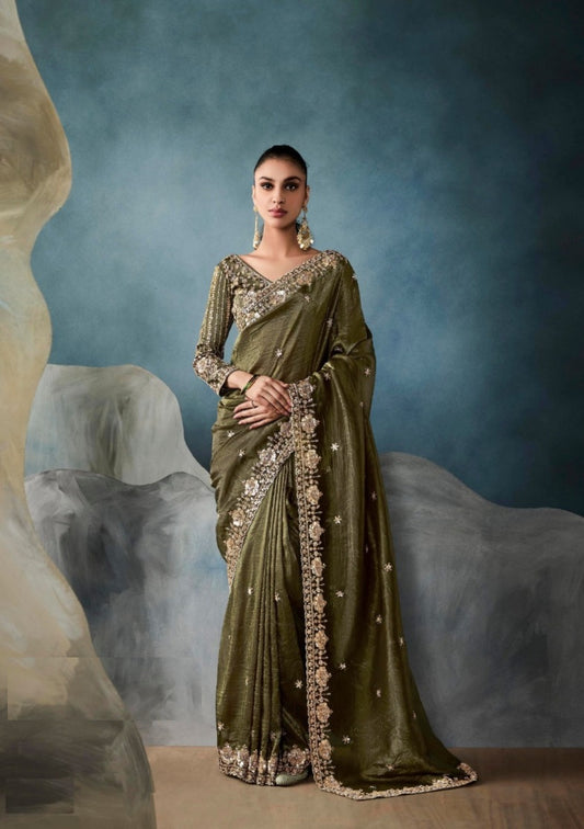 Flawless Dark Mehndi Green Tissue With Hand Work Tissue Saree
