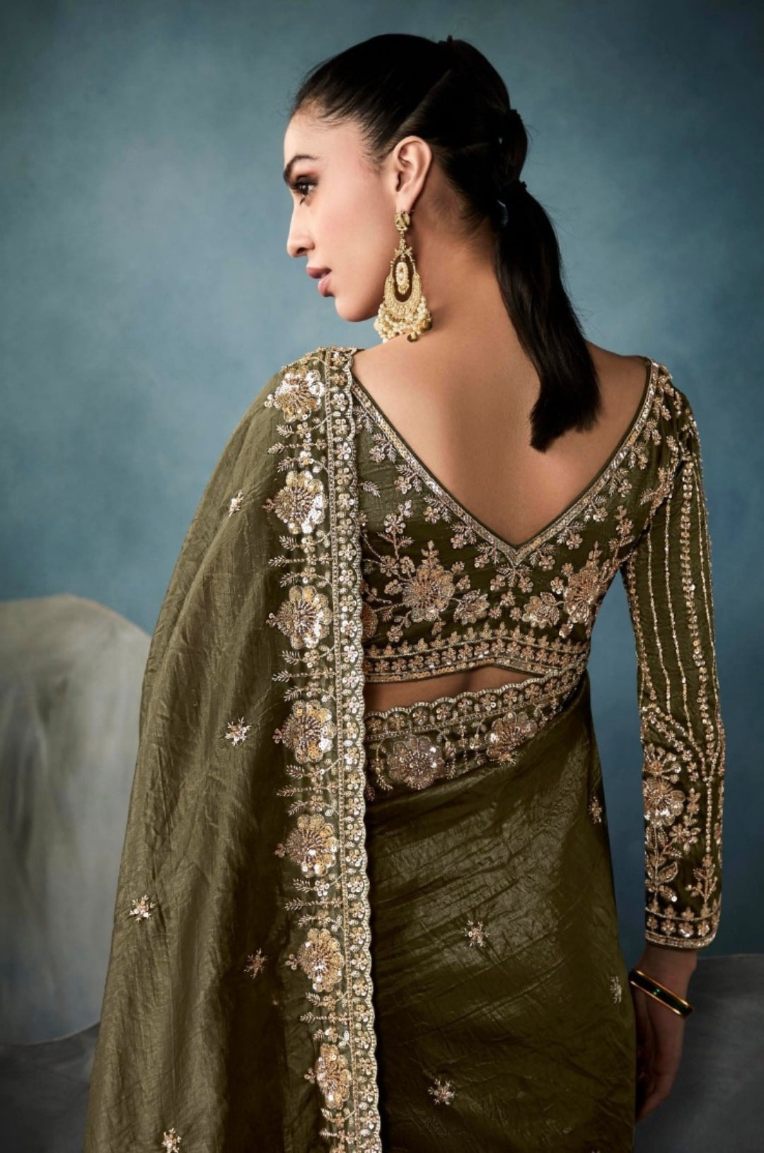 Flawless Dark Mehndi Green Tissue With Hand Work Tissue Saree