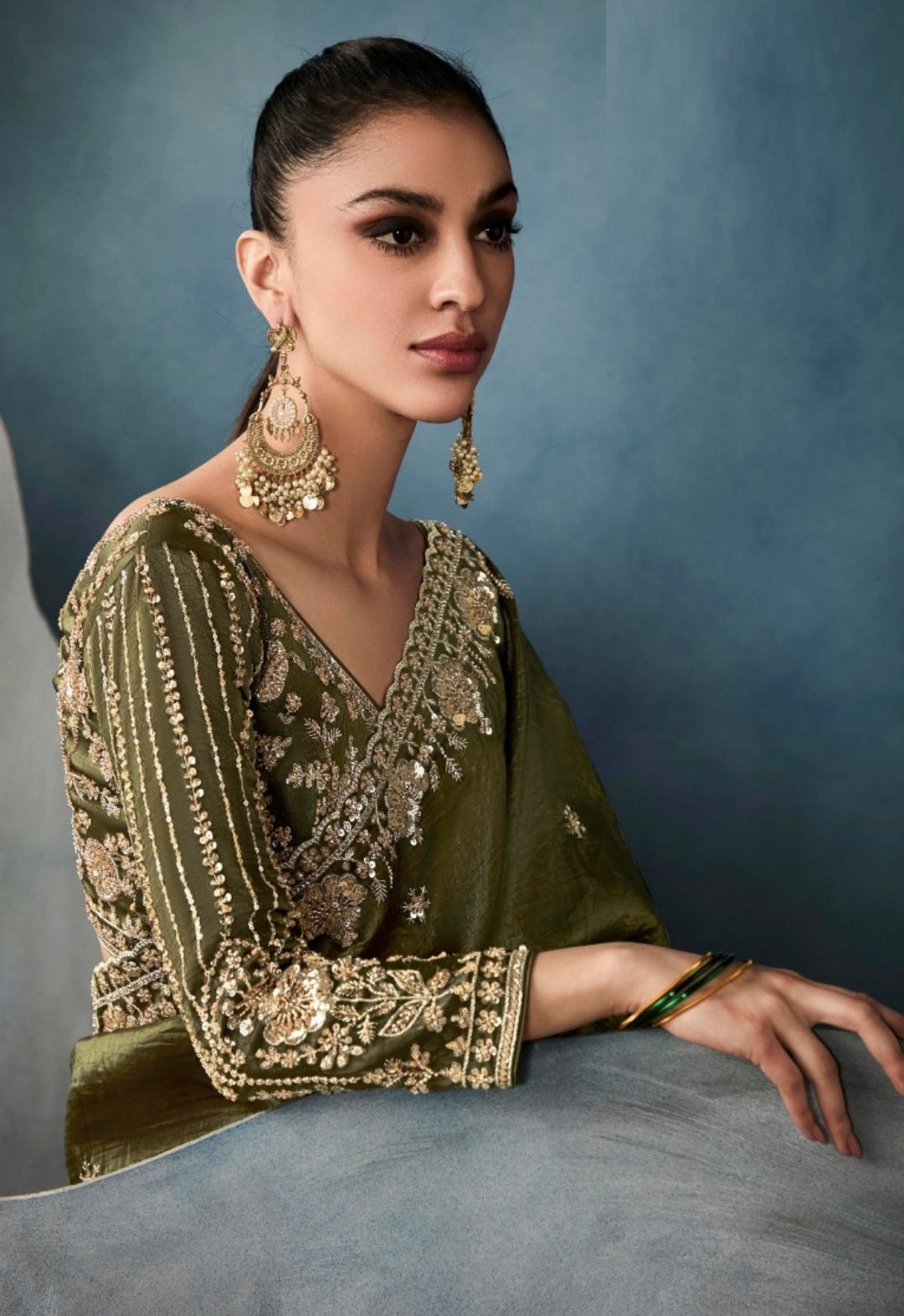 Flawless Dark Mehndi Green Tissue With Hand Work Tissue Saree