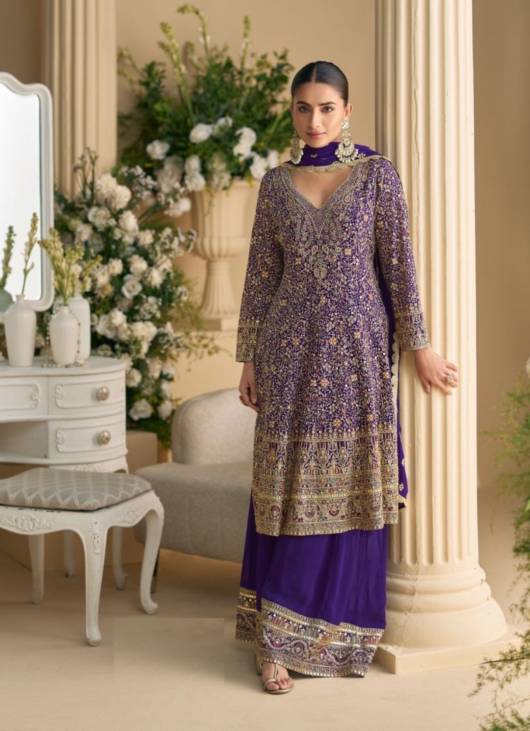 Women Purple Real Georgette Palazzo Bottom Suit Set