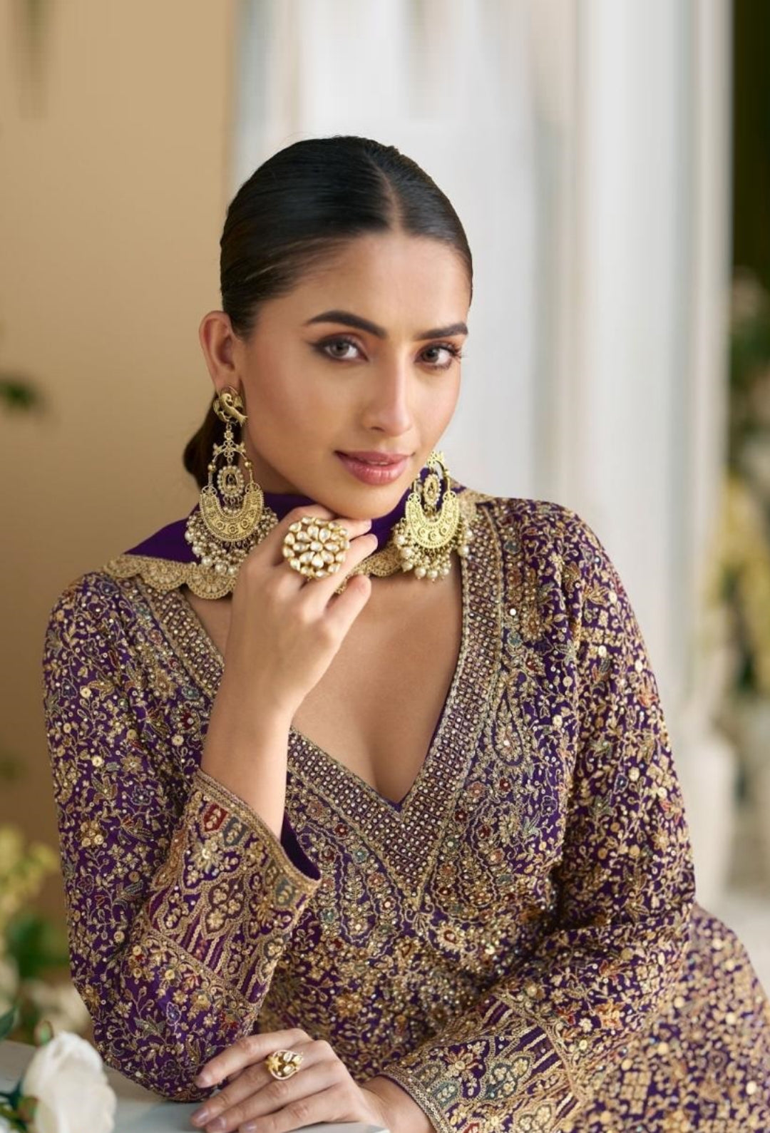 Women Purple Real Georgette Palazzo Bottom Suit Set