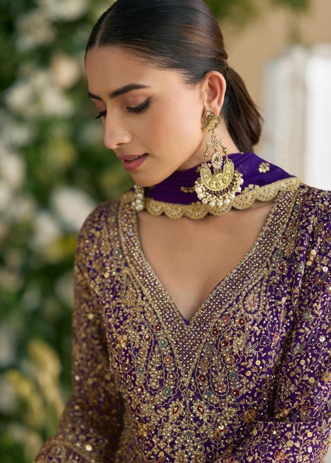 Women Purple Real Georgette Palazzo Bottom Suit Set