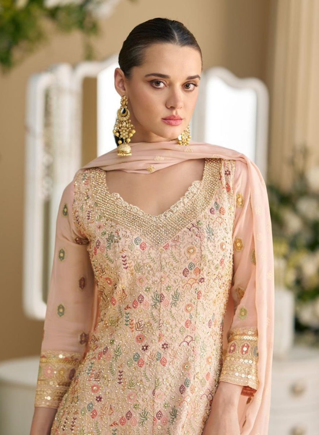 Women Peach Real Georgette Palazzo Bottom Suit Set