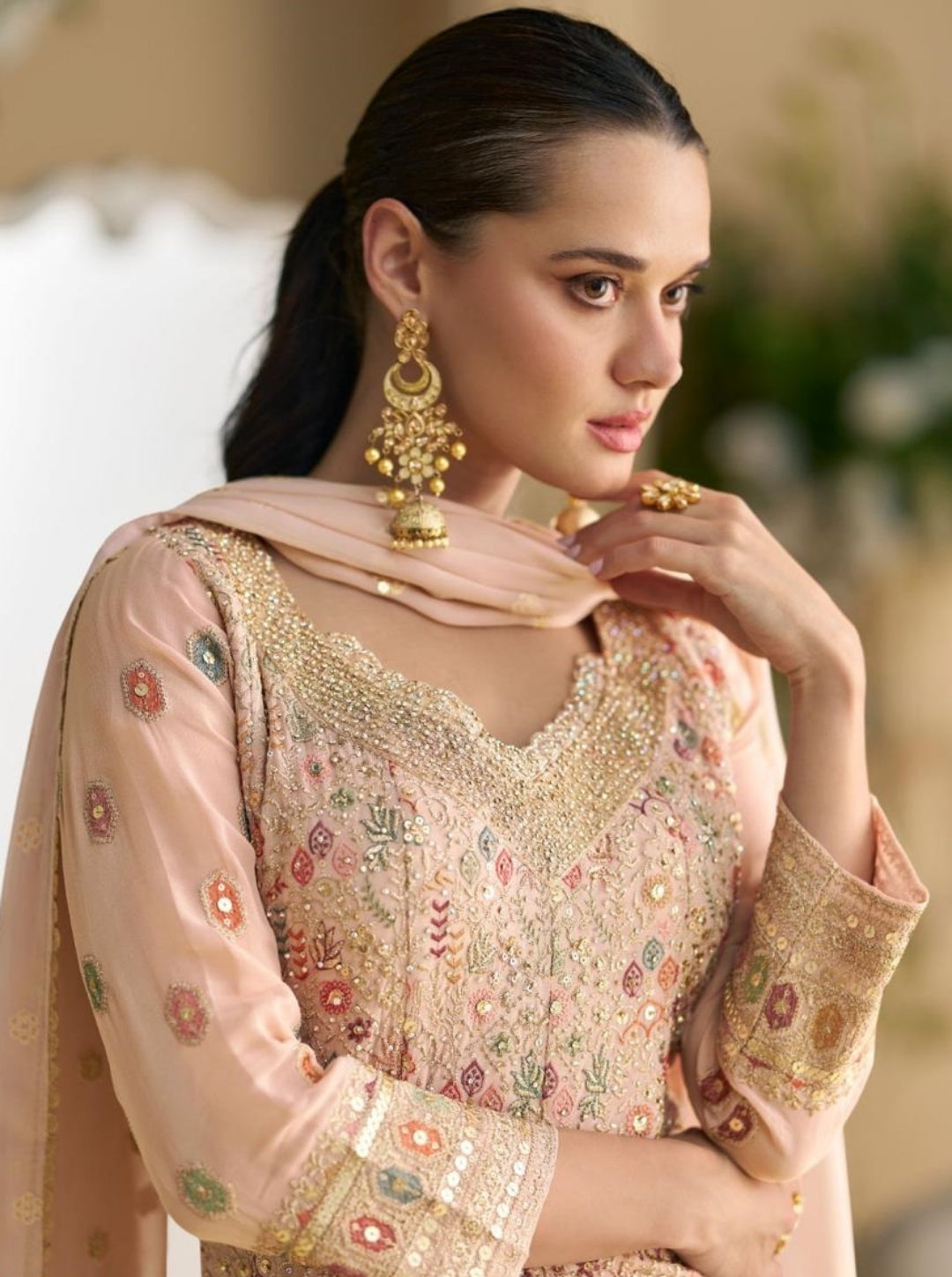 Women Peach Real Georgette Palazzo Bottom Suit Set