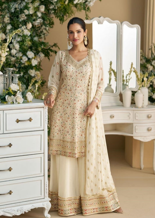 Women Cream Real Georgette Palazzo Bottom Suit Set