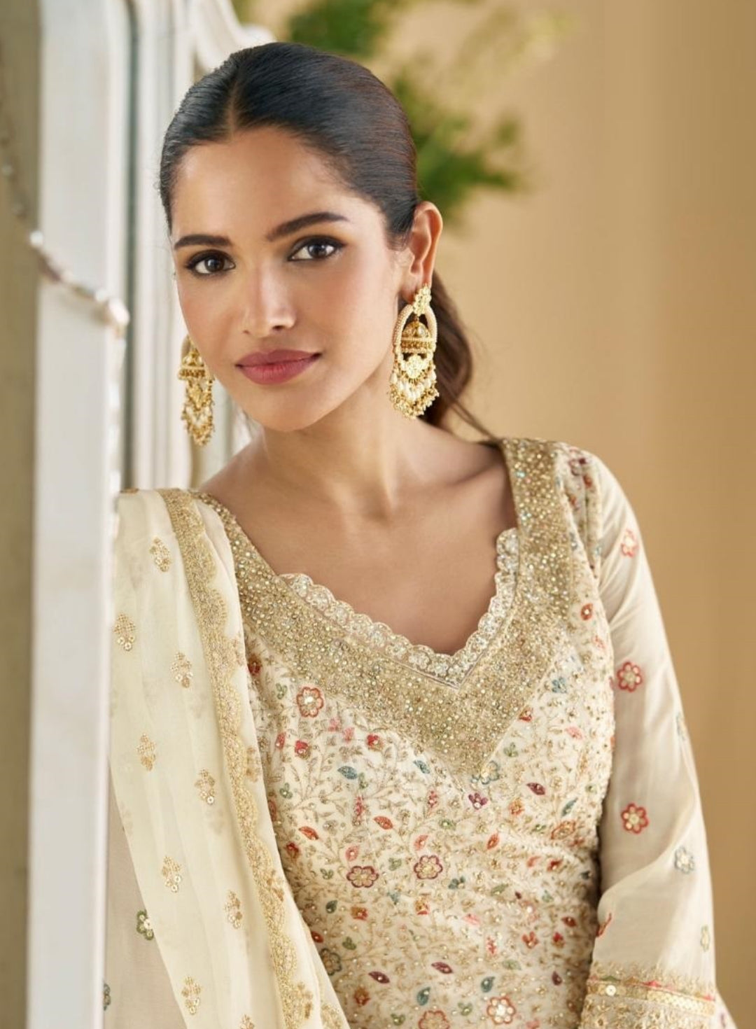 Women Cream Real Georgette Palazzo Bottom Suit Set