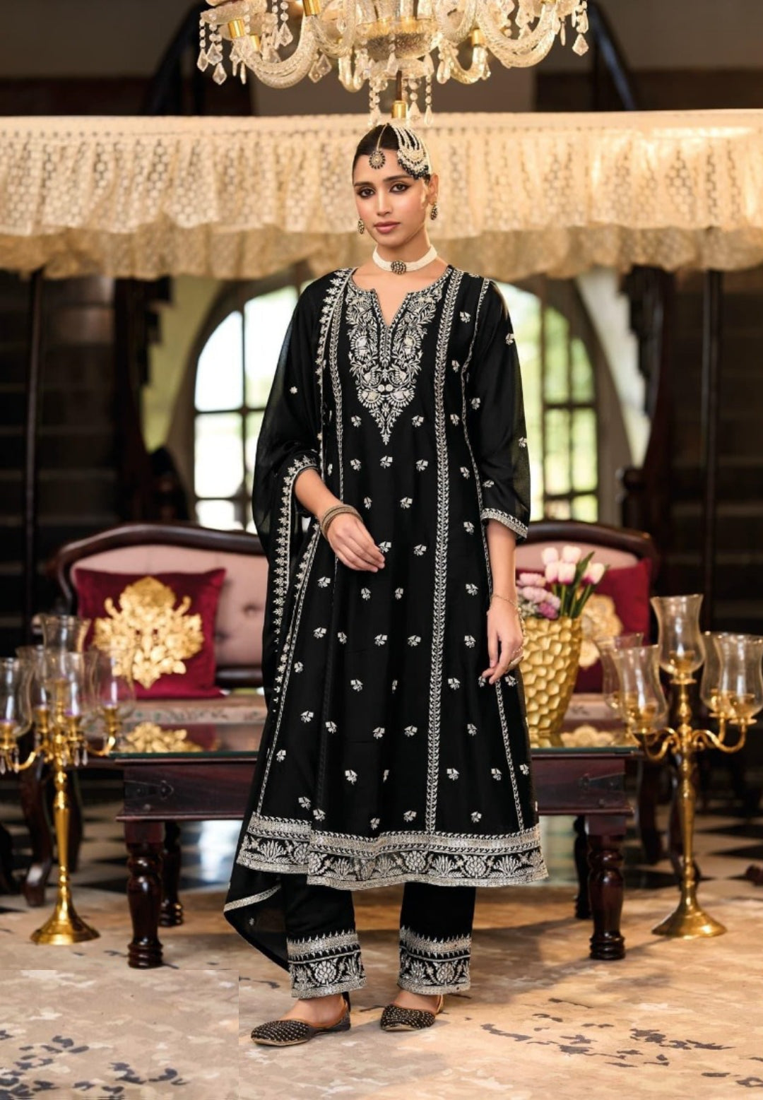 Women Black Chinon With Embroidery Work Pant Bottom Suit Set