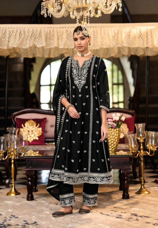 Women Black Chinon With Embroidery Work Pant Bottom Suit Set