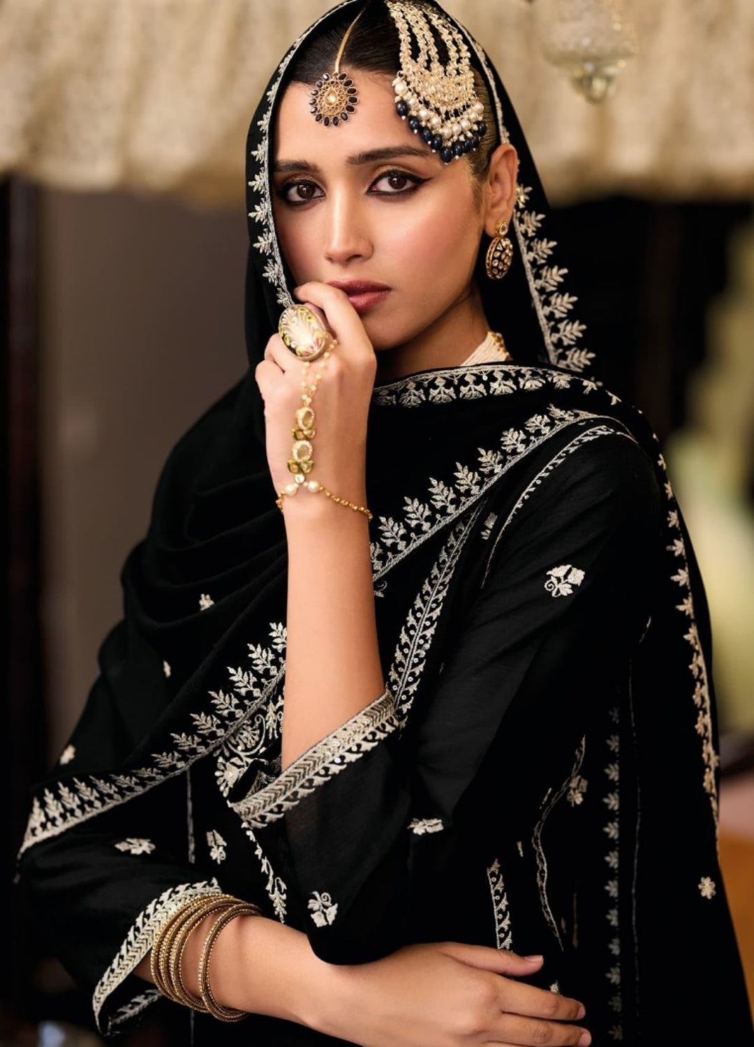 Women Black Chinon With Embroidery Work Pant Bottom Suit Set