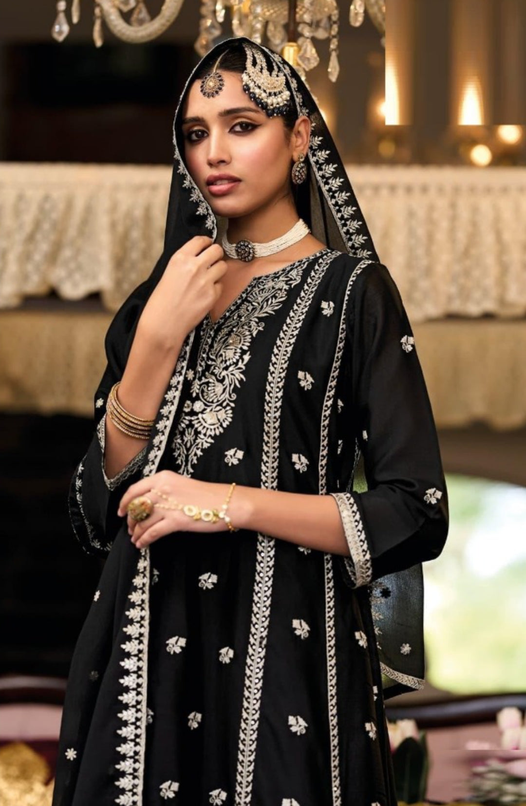 Women Black Chinon With Embroidery Work Pant Bottom Suit Set