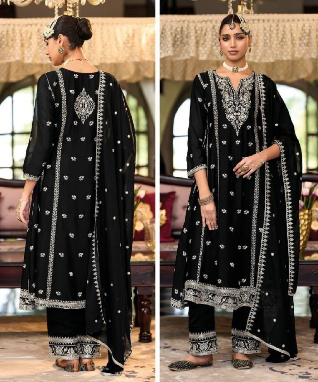 Women Black Chinon With Embroidery Work Pant Bottom Suit Set