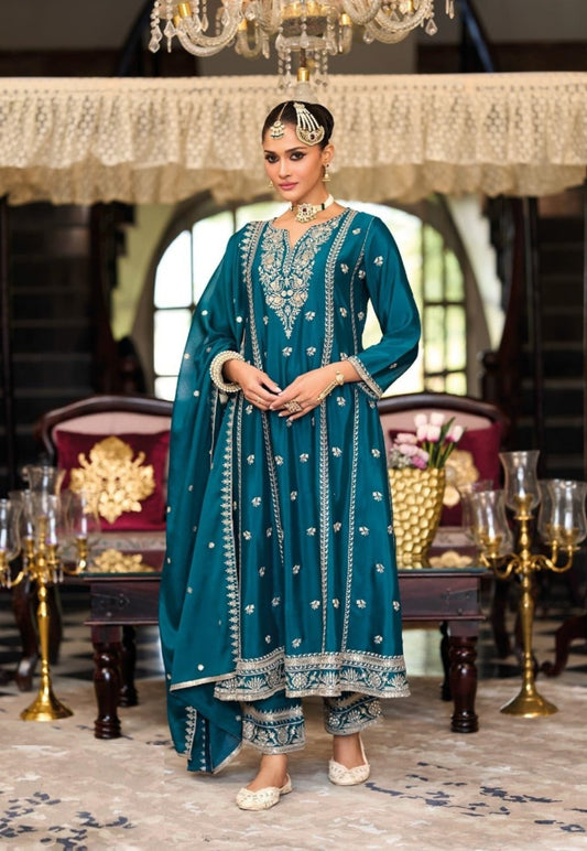 Women Teal Chinon With Embroidery Work Pant Bottom Suit Set