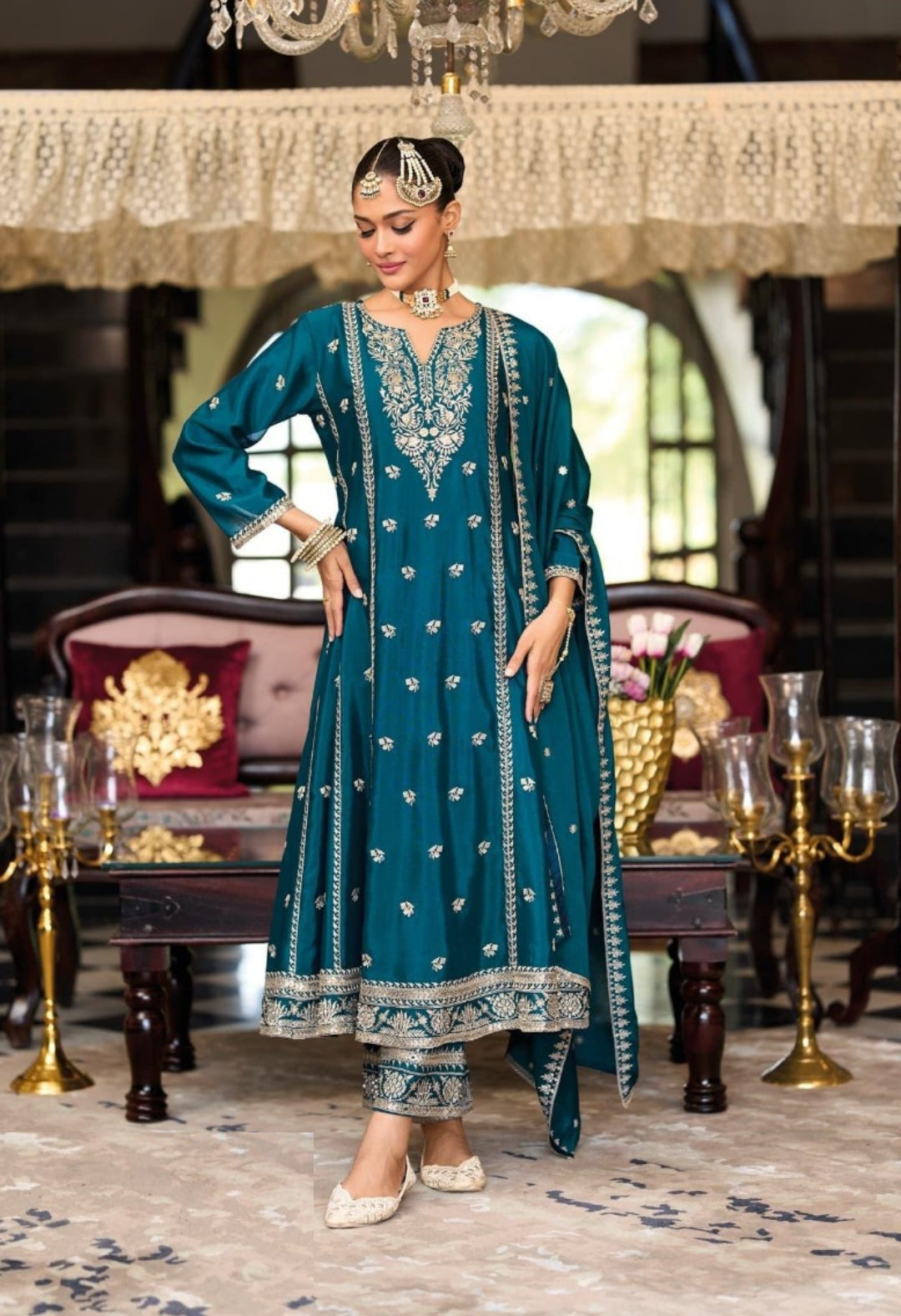 Women Teal Chinon With Embroidery Work Pant Bottom Suit Set