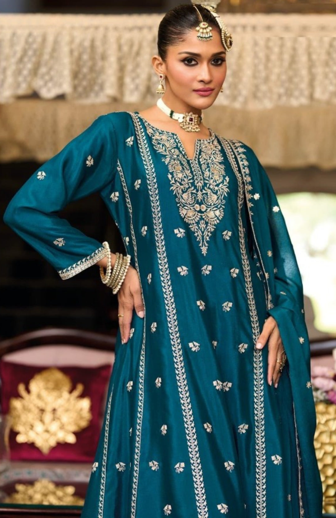 Women Teal Chinon With Embroidery Work Pant Bottom Suit Set