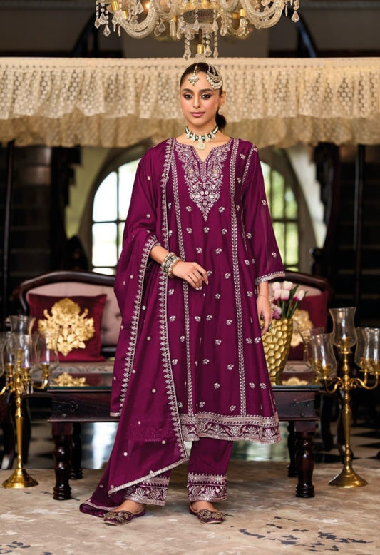 Women Burgundy Chinon With Embroidery Work Pant Bottom Suit Set