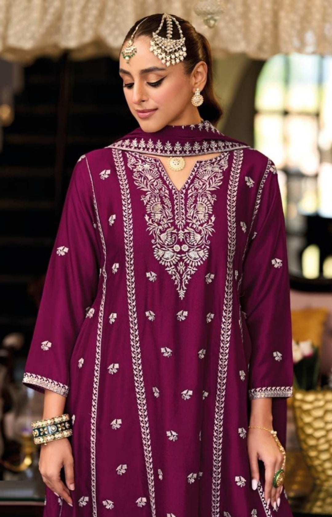 Women Burgundy Chinon With Embroidery Work Pant Bottom Suit Set