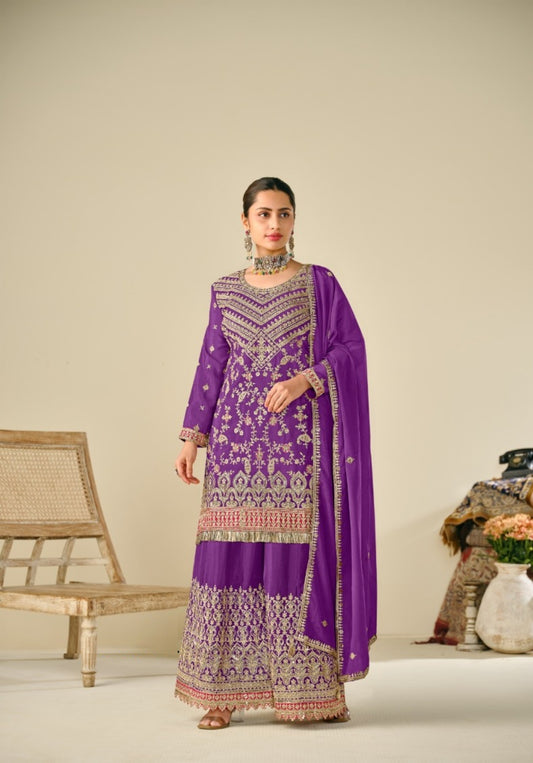 Women Purple Chinon With Embroidery Work Palazzo Bottom Suit Set