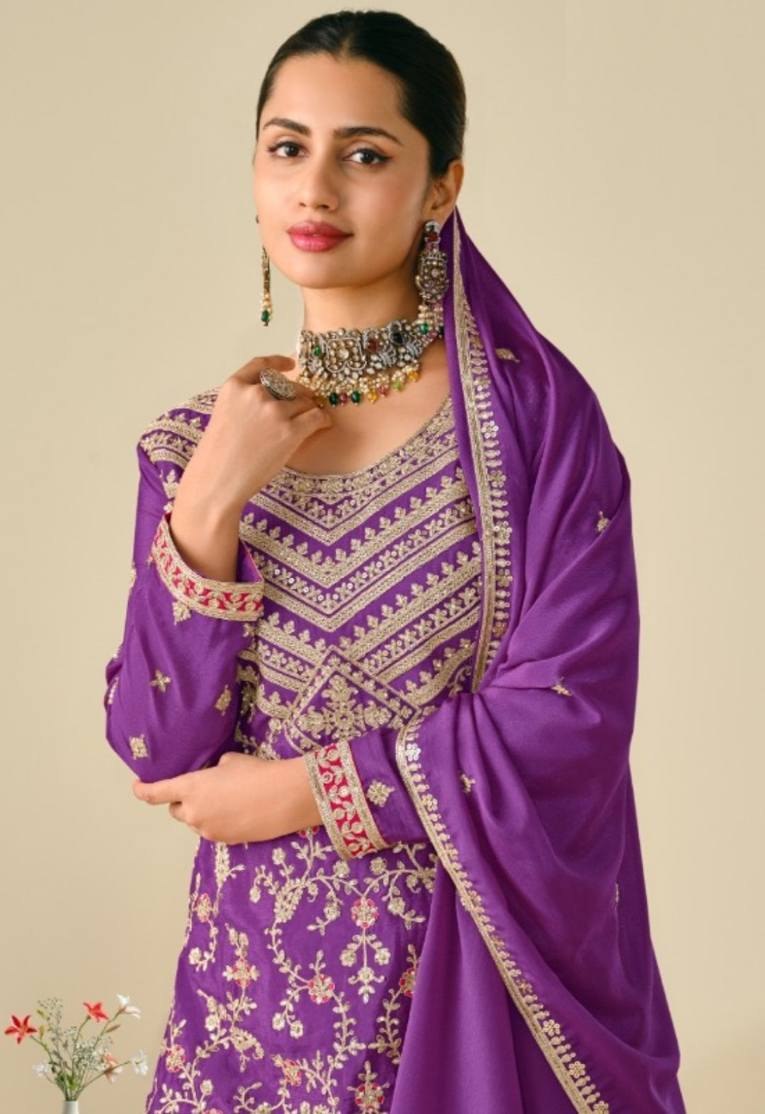 Women Purple Chinon With Embroidery Work Palazzo Bottom Suit Set