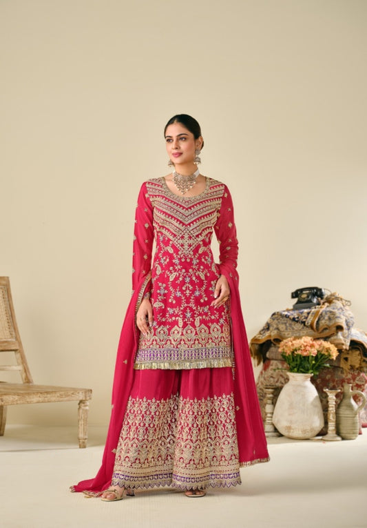 Women Pink Chinon With Embroidery Work Palazzo Bottom Suit Set
