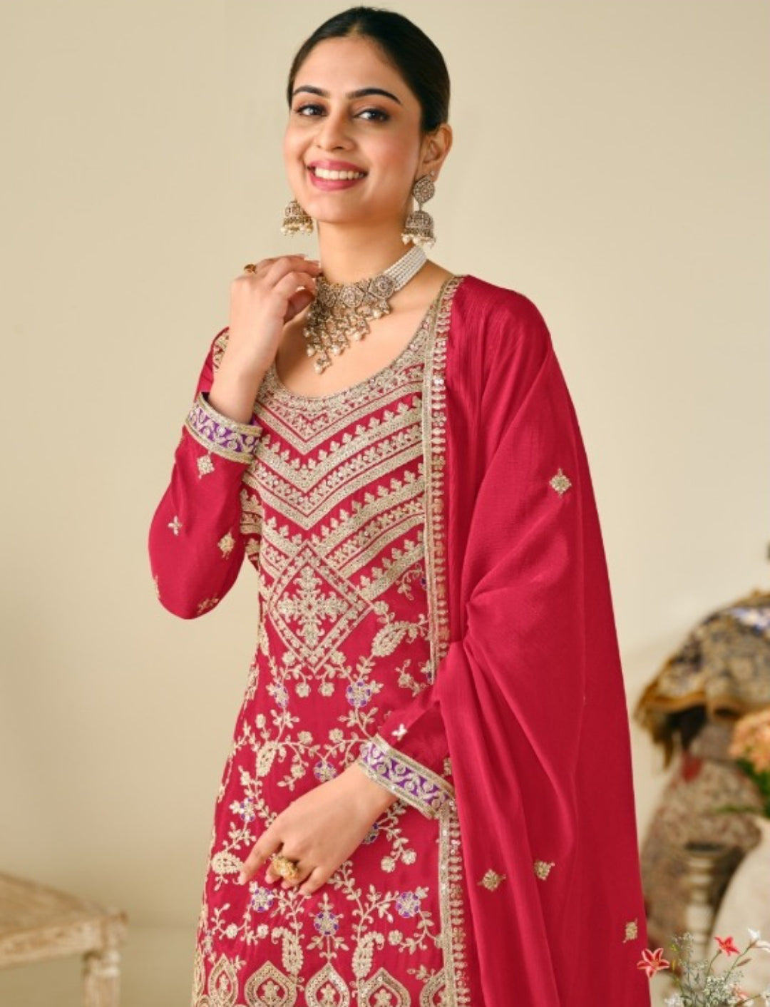 Women Pink Chinon With Embroidery Work Palazzo Bottom Suit Set