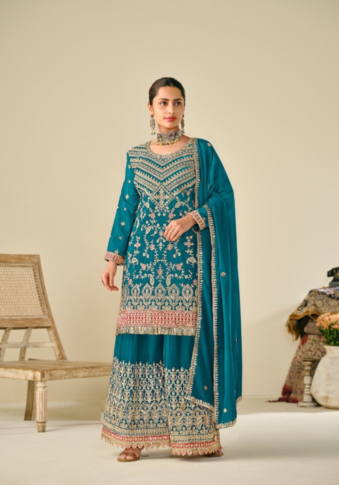 Women Rama Green Chinon With Embroidery Work Palazzo Bottom Suit Set
