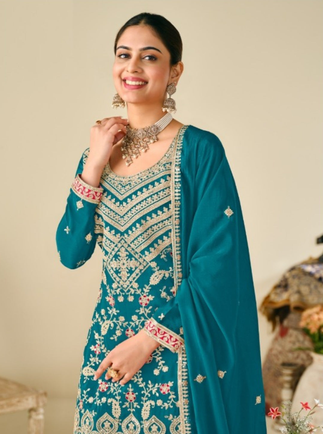 Women Rama Green Chinon With Embroidery Work Palazzo Bottom Suit Set