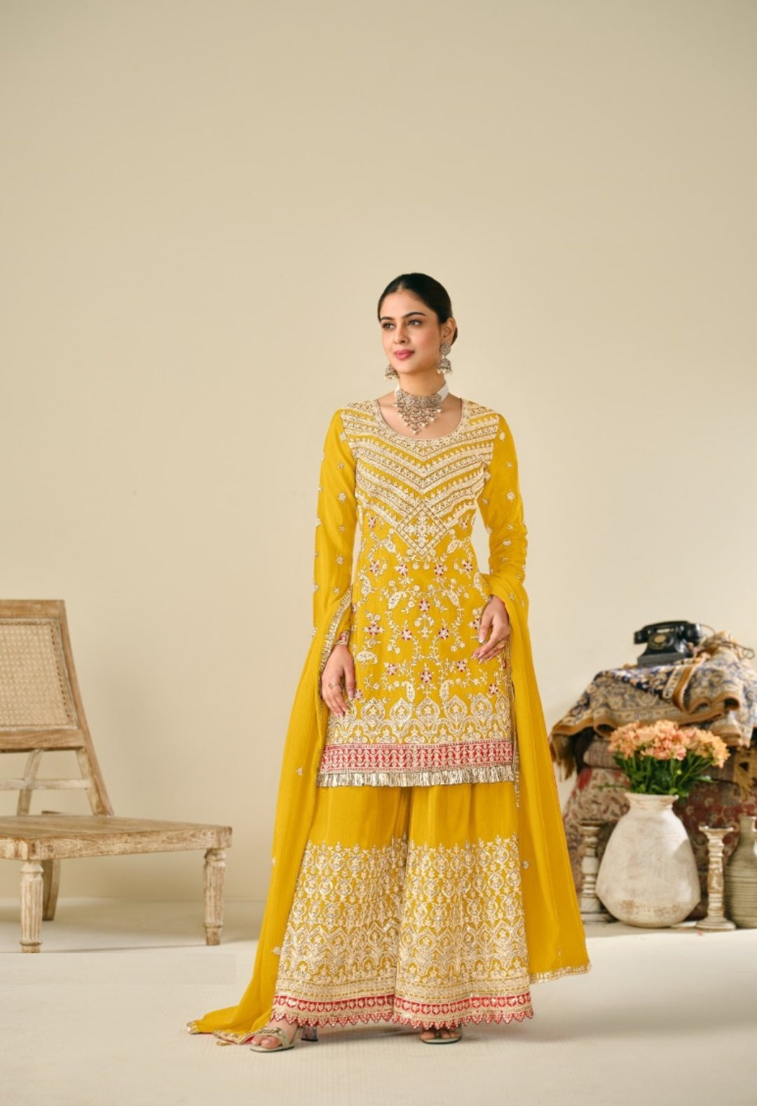 Women Yellow Chinon With Embroidery Work Palazzo Bottom Suit Set